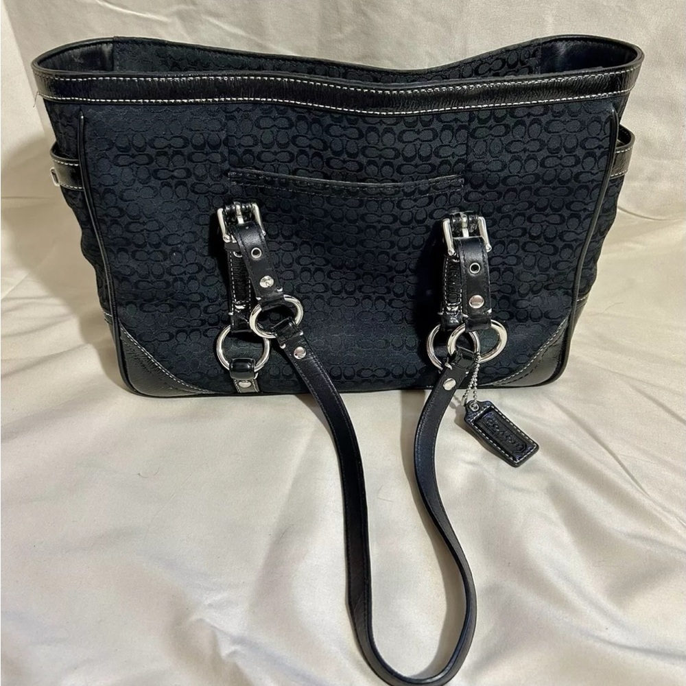 Coach Signature C Jacquard Canvas And Leather Black And Silver Handbag